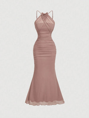 Women's Apricot Color Halter Neck Fish Tail Hem Long Dress FD - Negative Apparel