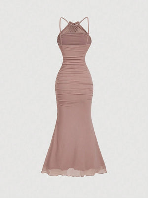 Women's Apricot Color Halter Neck Fish Tail Hem Long Dress FD - Negative Apparel