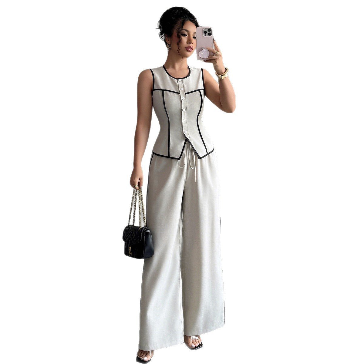 Women’s Apricot Solid Color Sleeveless Two - Piece Suit | Elegant Pants Set – 2025 Collection - Negative Apparel