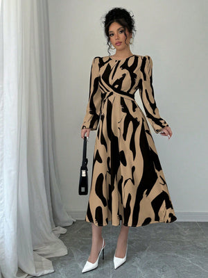 Women's Asymmetrical Printed Tie Bow Accent Elastic Cuff Casual Vacation Dress Maxi Women Outfit - Negative Apparel