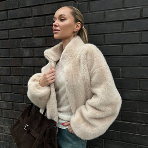 Women’s Beige Sleeveless Faux Fur Vest | Stand Collar Soft Polyester Outerwear | Casual Korean Style Zipper Jacket – Autumn 2025 Collection - Negative Apparel