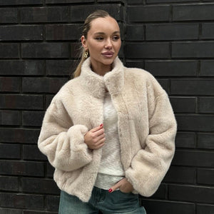 Women’s Beige Sleeveless Faux Fur Vest | Stand Collar Soft Polyester Outerwear | Casual Korean Style Zipper Jacket – Autumn 2025 Collection - Negative Apparel