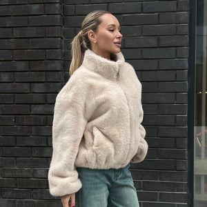 Women’s Beige Sleeveless Faux Fur Vest | Stand Collar Soft Polyester Outerwear | Casual Korean Style Zipper Jacket – Autumn 2025 Collection - Negative Apparel