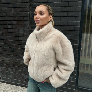 Women’s Beige Sleeveless Faux Fur Vest | Stand Collar Soft Polyester Outerwear | Casual Korean Style Zipper Jacket – Autumn 2025 Collection - Negative Apparel