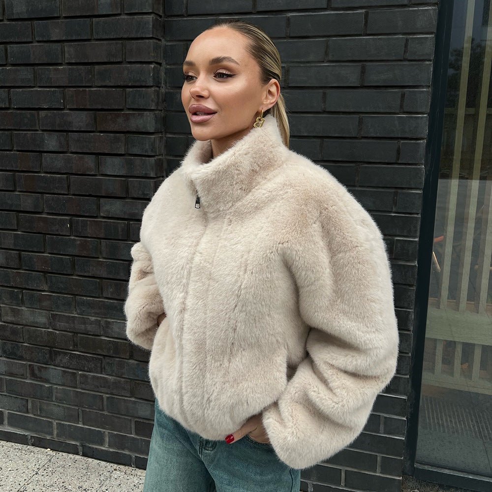 Women’s Beige Sleeveless Faux Fur Vest | Stand Collar Soft Polyester Outerwear | Casual Korean Style Zipper Jacket – Autumn 2025 Collection - Negative Apparel