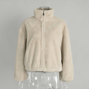 Women’s Beige Sleeveless Faux Fur Vest | Stand Collar Soft Polyester Outerwear | Casual Korean Style Zipper Jacket – Autumn 2025 Collection - Negative Apparel