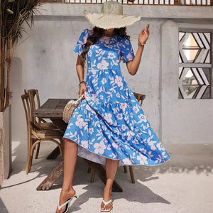 Women's big flower fashion multi - layer ruffle edge patchwork long dress - Negative Apparel