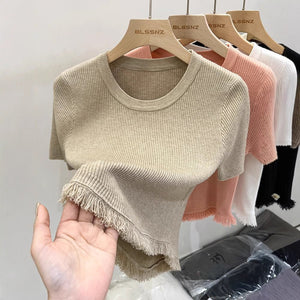 Women’s Bingshuang Silk Tassel T-Shirt – Sweet & Spicy Slim Fit Top - Negative Apparel