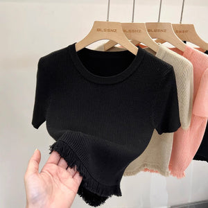 Women’s Bingshuang Silk Tassel T-Shirt – Sweet & Spicy Slim Fit Top - Negative Apparel