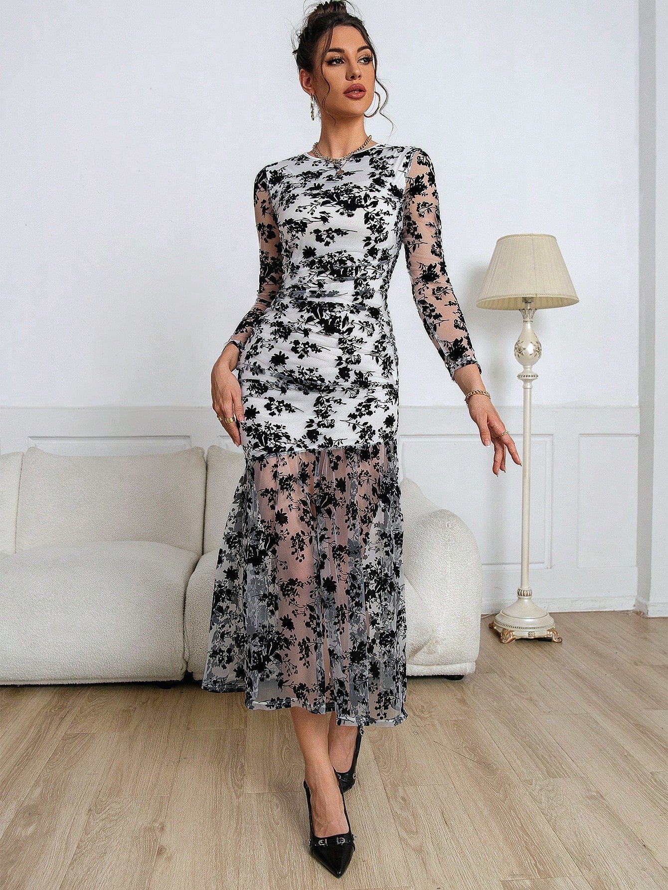 Women's Black Flocked Mesh Long Sleeve Dress - Negative Apparel