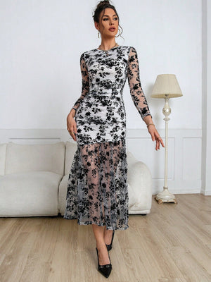 Women's Black Flocked Mesh Long Sleeve Dress - Negative Apparel