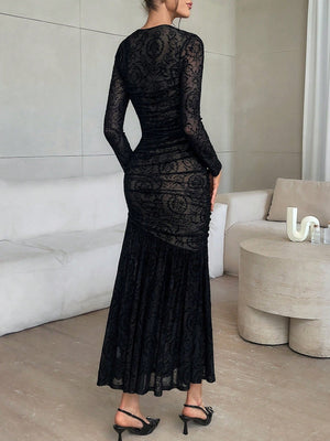 Women's Black Flocked Mesh Long Sleeve Dress - Negative Apparel