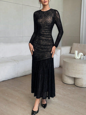 Women's Black Flocked Mesh Long Sleeve Dress - Negative Apparel