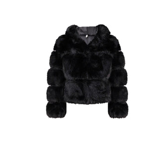 Women’s Black Hooded Long Fur Coat with Zipper - Negative Apparel