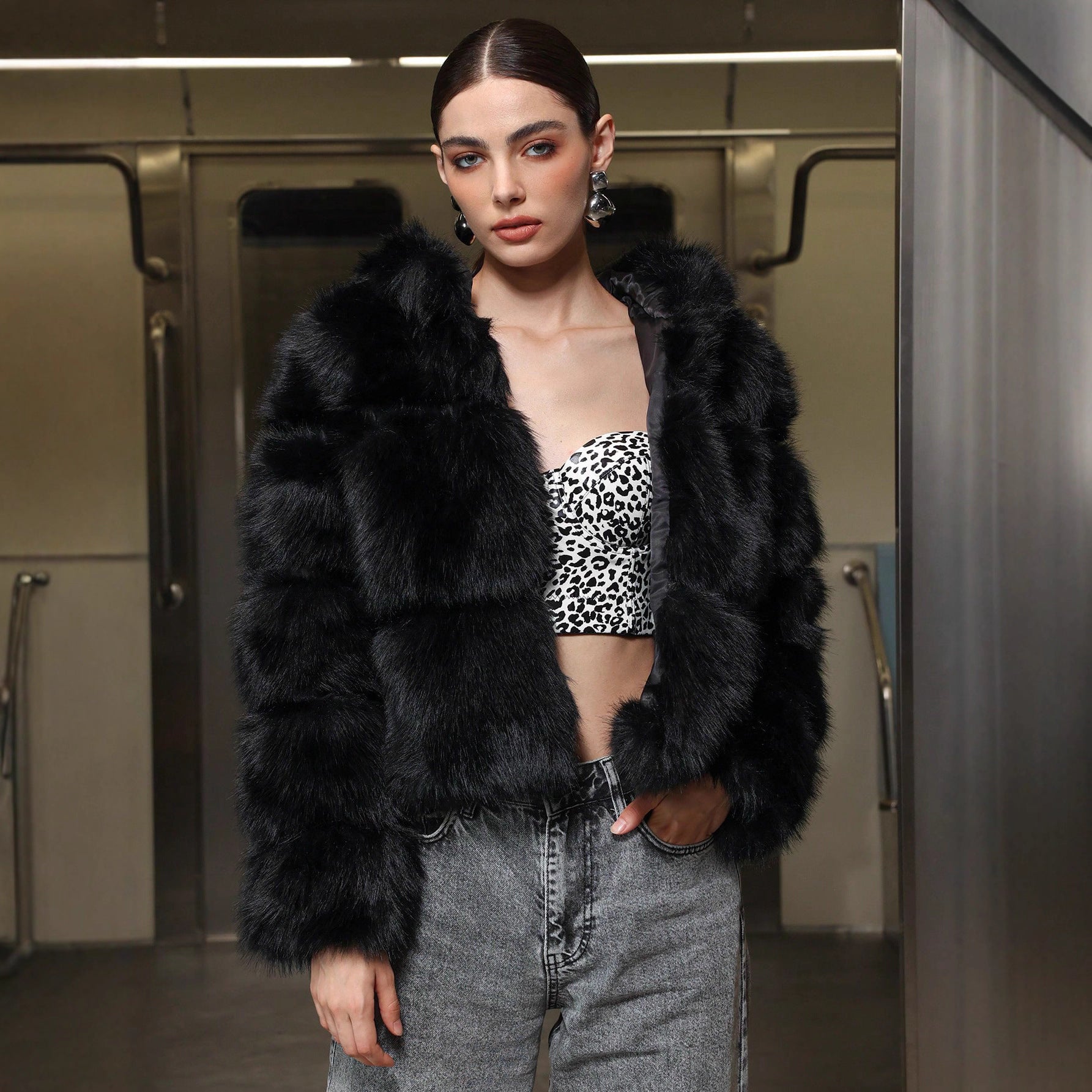 Women’s Black Hooded Long Fur Coat with Zipper - Negative Apparel