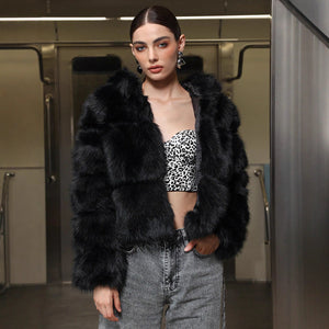 Women’s Black Hooded Long Fur Coat with Zipper - Negative Apparel