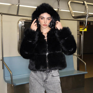 Women’s Black Hooded Long Fur Coat with Zipper - Negative Apparel