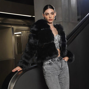 Women’s Black Hooded Long Fur Coat with Zipper - Negative Apparel