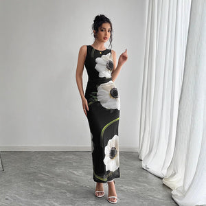 Women's black mesh printing sleeveless dress long dress - Negative Apparel