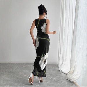 Women's black mesh printing sleeveless dress long dress - Negative Apparel