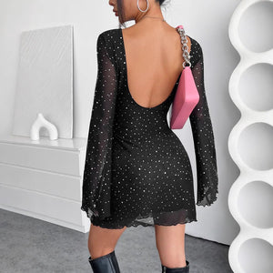 Women's black mesh sequins backless slim long - sleeved jumpsuit - Negative Apparel