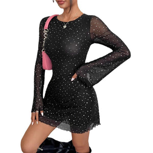 Women's black mesh sequins backless slim long - sleeved jumpsuit - Negative Apparel