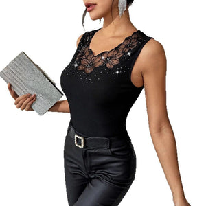 Women's black ribbed rhinestone decorative vest T-shirt top - Negative Apparel