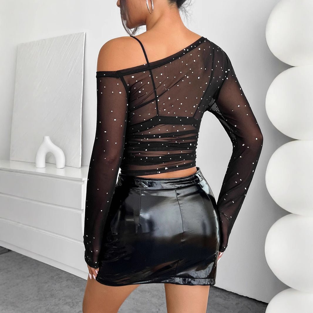 Women's black sequined mesh asymmetrical collar long - sleeved T-shirt - Negative Apparel