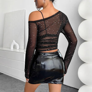 Women's black sequined mesh asymmetrical collar long - sleeved T-shirt - Negative Apparel