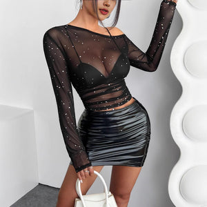 Women's black sequined mesh asymmetrical collar long - sleeved T-shirt - Negative Apparel