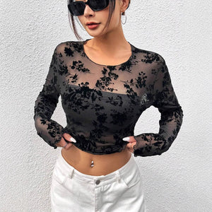 Women's Black Sexy Mesh Crew Neck Long Sleeve T-Shirt Top - Negative Apparel