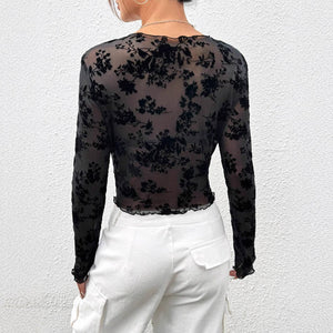 Women's Black Sexy Mesh Crew Neck Long Sleeve T-Shirt Top - Negative Apparel