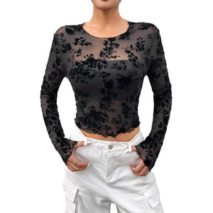 Women's Black Sexy Mesh Crew Neck Long Sleeve T-Shirt Top - Negative Apparel