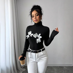 Women's black sexy turtleneck flower applique long - sleeved slim T-shirt - Negative Apparel