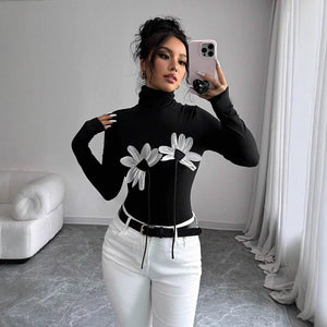 Women's black sexy turtleneck flower applique long - sleeved slim T-shirt - Negative Apparel