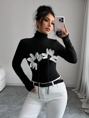 Women's black sexy turtleneck flower applique long - sleeved slim T-shirt - Negative Apparel