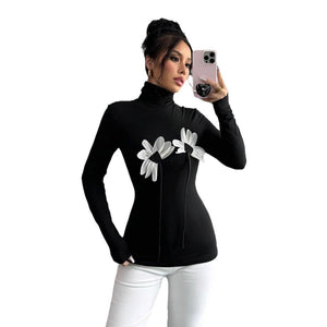 Women's black sexy turtleneck flower applique long - sleeved slim T-shirt - Negative Apparel
