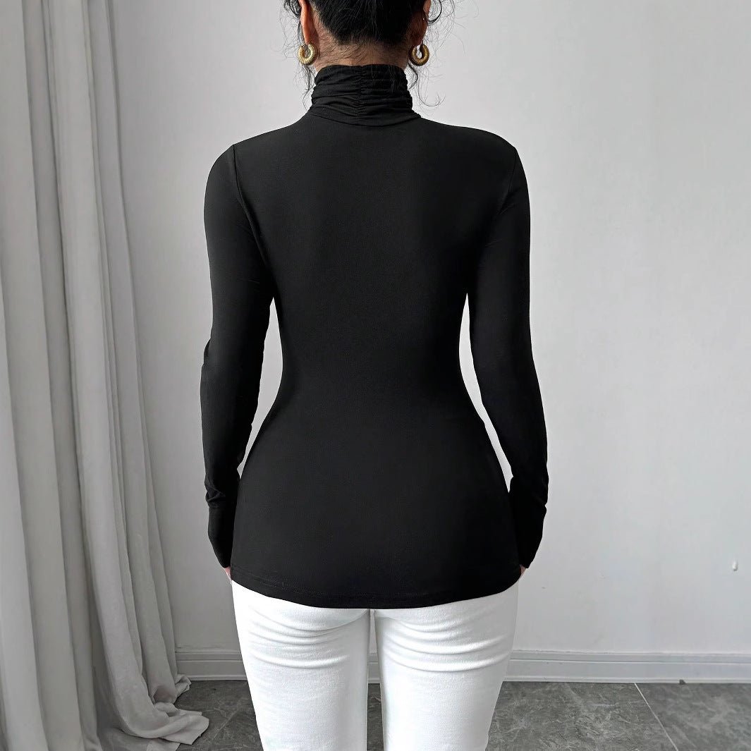 Women's black sexy turtleneck flower applique long - sleeved slim T-shirt - Negative Apparel