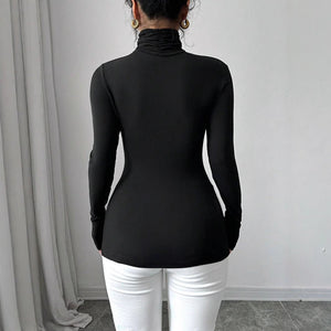 Women's black sexy turtleneck flower applique long - sleeved slim T-shirt - Negative Apparel