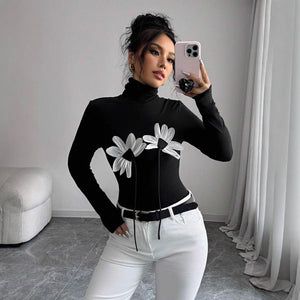 Women's black sexy turtleneck flower applique long - sleeved slim T-shirt - Negative Apparel
