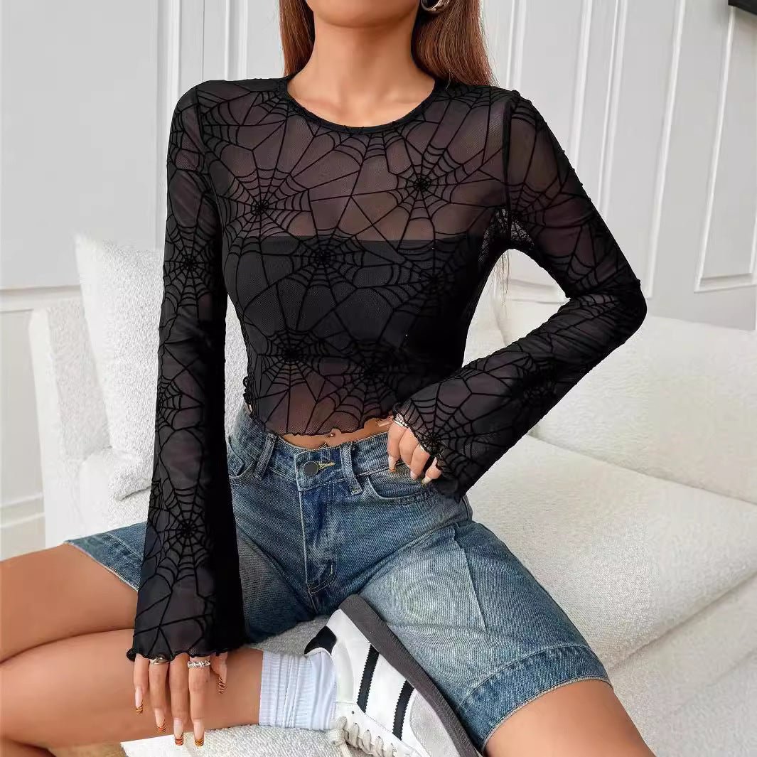 Women's black transparent fungus edge spider web T-shirt top women's clothing - Negative Apparel