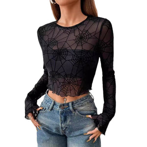 Women's black transparent fungus edge spider web T-shirt top women's clothing - Negative Apparel