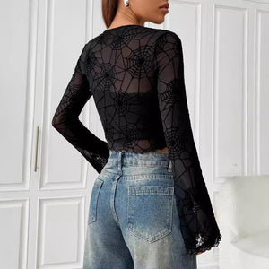 Women's black transparent fungus edge spider web T-shirt top women's clothing - Negative Apparel