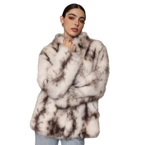 Women’s Black & White Faux Fur Jacket with Semi - Turtleneck & Pockets - Negative Apparel