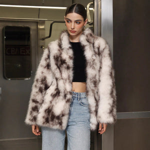 Women’s Black & White Faux Fur Jacket with Semi - Turtleneck & Pockets - Negative Apparel