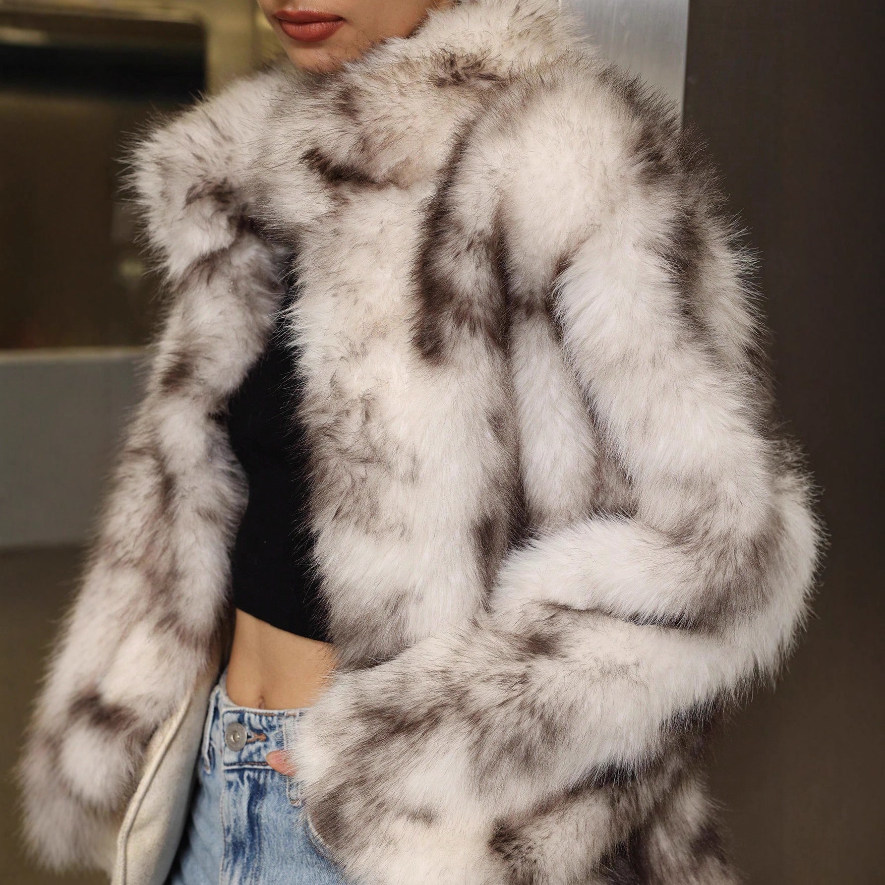 Women’s Black & White Faux Fur Jacket with Semi - Turtleneck & Pockets - Negative Apparel