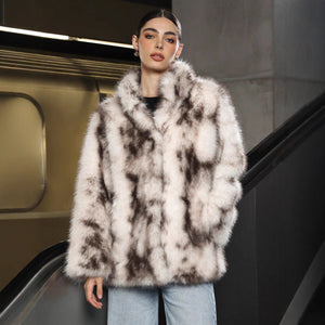 Women’s Black & White Faux Fur Jacket with Semi - Turtleneck & Pockets - Negative Apparel