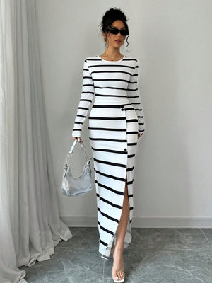 Women's Black & White Striped Casual Fitted Long Sleeve Top And Slit Pencil Skirt 2 Piece Set - Negative Apparel