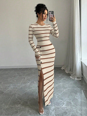 Women's Black & White Striped Casual Fitted Long Sleeve Top And Slit Pencil Skirt 2 Piece Set - Negative Apparel