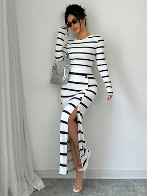 Women's Black & White Striped Casual Fitted Long Sleeve Top And Slit Pencil Skirt 2 Piece Set - Negative Apparel